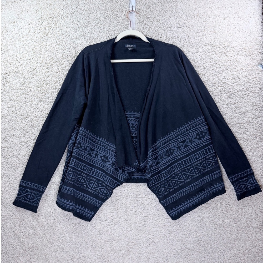 Lucky Brand Cardigan Women Large Navy Blue Embroidered Open Front Tie Back Boho